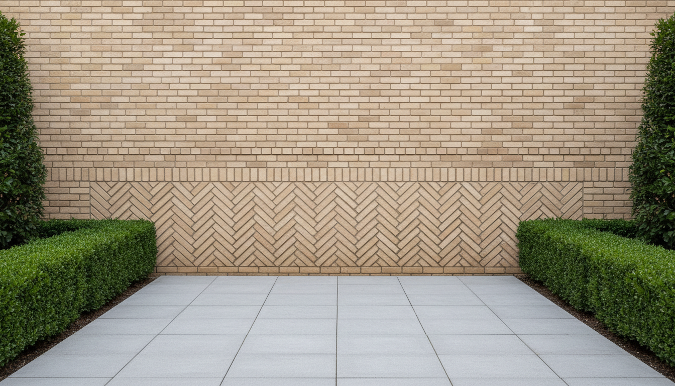 An immaculate brick exterior wall, featuring intricate herringbone and running bond patterns with sharply defined mortar joints, constructed from uniform, sand-colored bricks with a lightly textured surface. The wall stands as the focal point in a modern outdoor courtyard setting, framed by smooth concrete pavers and surrounded by manicured hedges. Crisp ambient daylight bathes the masonry, creating soft, even highlights and subtle shadows that enhance the precise craftsmanship. The mood is professional and structured, emphasizing durability and elegance. Captured at an eye-level angle with a centered, symmetrical composition and sharp focus throughout. The overall style is photographic realism with a clean, structured, and corporate feel, embodying quality masonry construction.