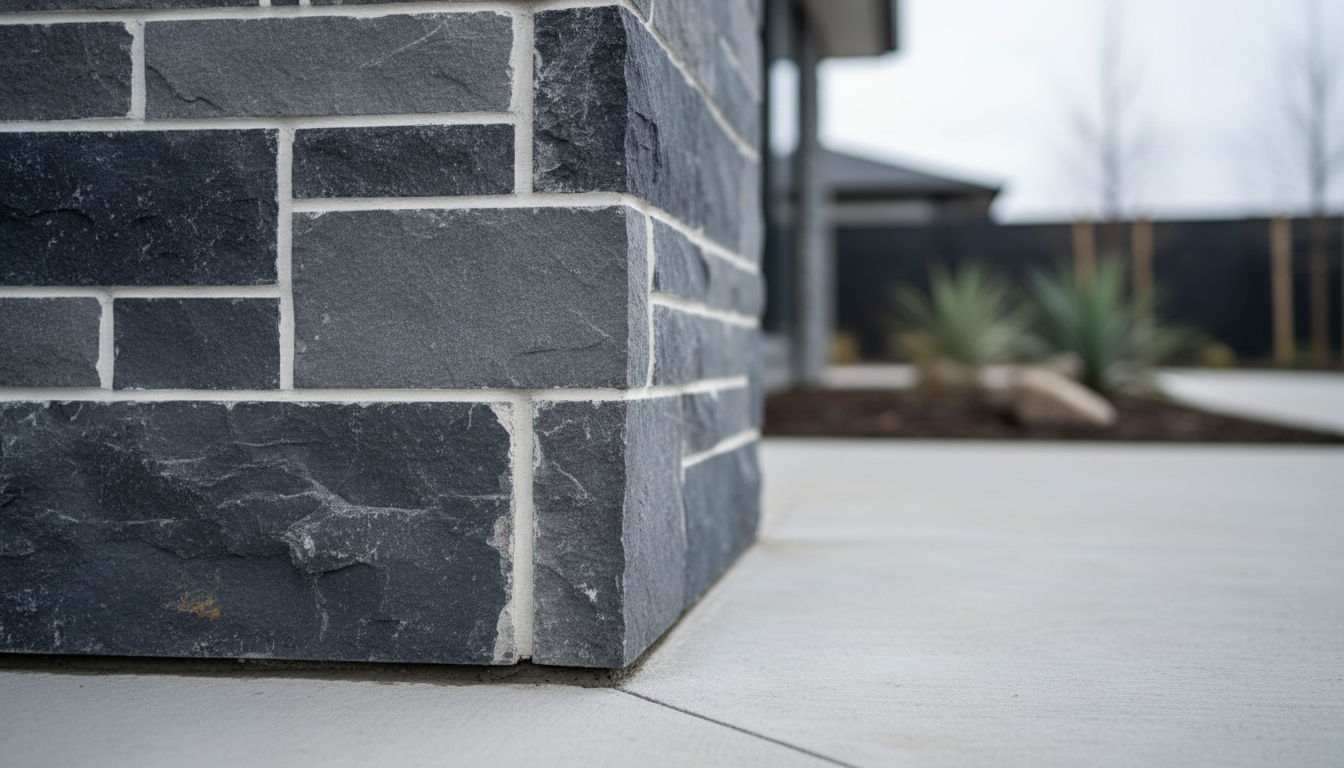 A close-up view of a freshly laid stone veneer corner, with large, multi-tonal gray-blue stones precisely fitted together, their natural rough textures contrasting with smooth, perfectly finished mortar lines. The stones rise from a foundation of clean, neutral concrete. The setting is an outdoor home construction site, with blurred outlines of a minimalist garden visible in the background. Soft overcast daylight illuminates the scene, reducing glare and bringing out depth in the stone textures while maintaining balanced, professional tones. The framing focuses tightly on the masonry craftsmanship, with a shallow depth of field and rule-of-thirds composition, conveying expertise and attention to detail. The image style is photographic with a clean, corporate, and modern sensibility.