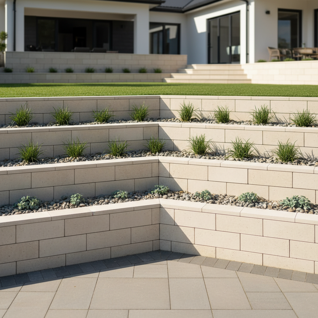A multi-tiered garden retaining wall constructed from precisely cut, beige limestone blocks, each with a clean chiseled edge and consistent color tone, forming elegant geometric terraces. The wall supports neatly trimmed grass and minimalist plantings, bordered by smooth river stone mulch. Set in a contemporary residential backyard, the scene is sunlit by early afternoon light, creating crisp highlights along the stone edges and subtle, composed shadows beneath each tier. The camera captures the scene from a low, wide-angle perspective to emphasize the wall’s structural prominence within the landscape. The mood is serene, orderly, and professional. The image adheres to a photographic, clean, and structured style suitable for a corporate-facing masonry site.