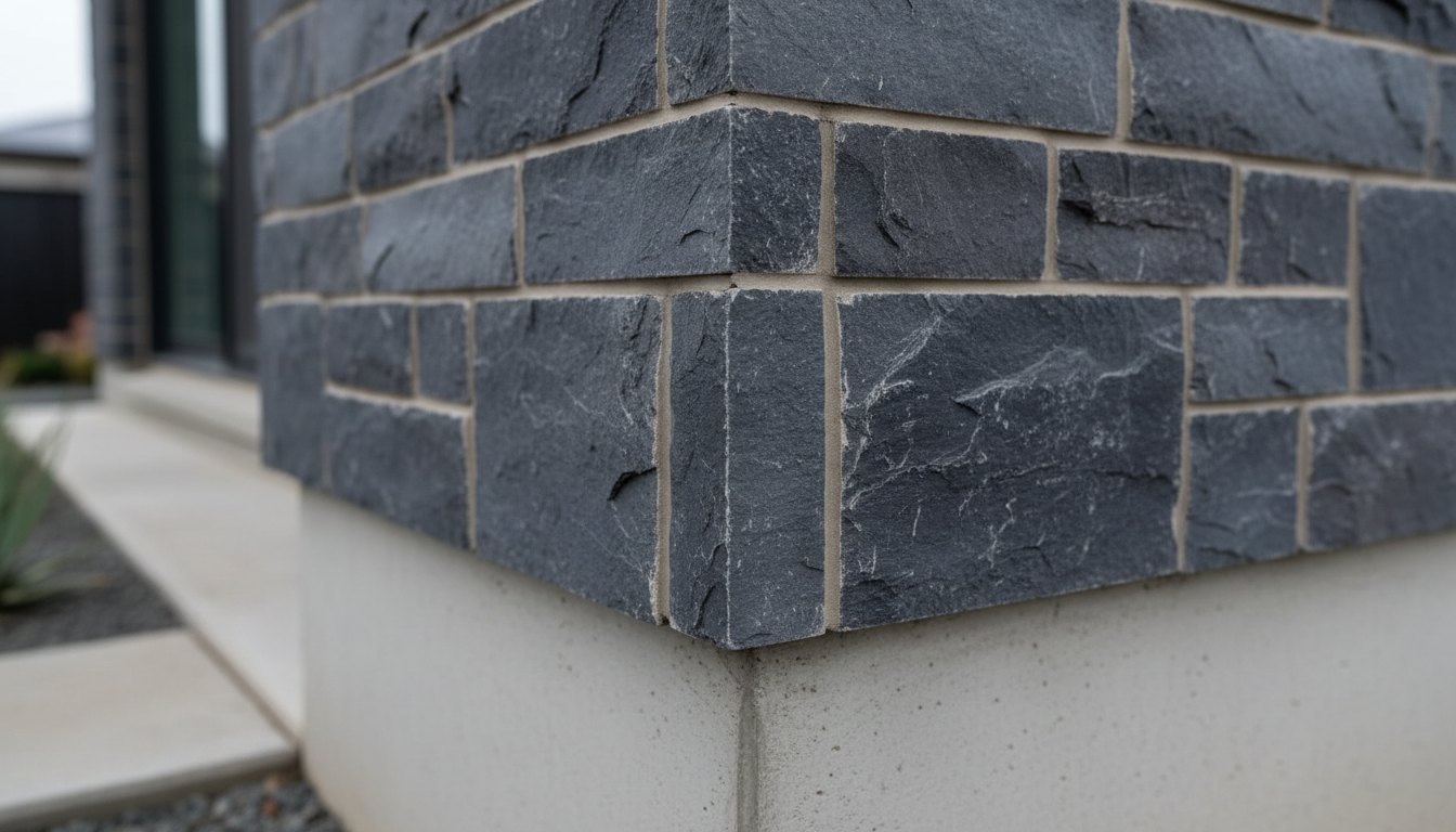A close-up view of a freshly laid stone veneer corner, with large, multi-tonal gray-blue stones precisely fitted together, their natural rough textures contrasting with smooth, perfectly finished mortar lines. The stones rise from a foundation of clean, neutral concrete. The setting is an outdoor home construction site, with blurred outlines of a minimalist garden visible in the background. Soft overcast daylight illuminates the scene, reducing glare and bringing out depth in the stone textures while maintaining balanced, professional tones. The framing focuses tightly on the masonry craftsmanship, with a shallow depth of field and rule-of-thirds composition, conveying expertise and attention to detail. The image style is photographic with a clean, corporate, and modern sensibility.
